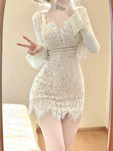 Voguable  Elegant Lace Clothing Suit Woman Korean 2 Piece Set Slim Y2k Mini Dress + Casual Short Cardigan Office Lady